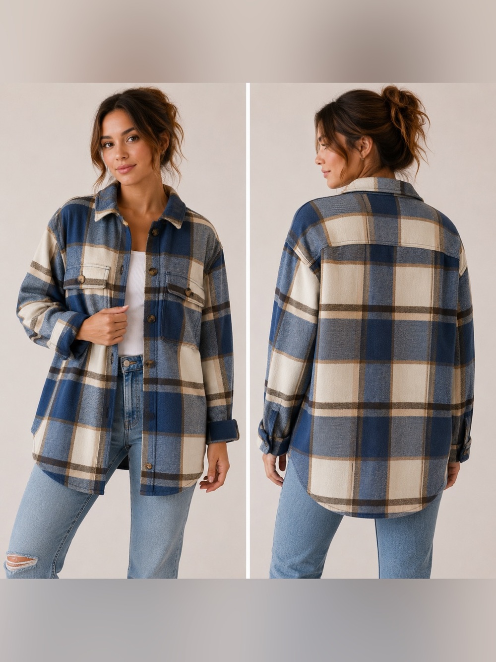 Old Navy Blue Plaid Oversized Shacket Button Front Shirt Jacket Size Medium
